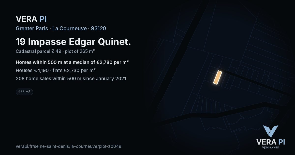 19 Impasse Edgar Quinet, La Courneuve at night – the plot lit, the parcels around coloured by the prices near them