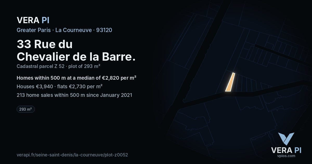 33 Rue du Chevalier de la Barre, La Courneuve at night – the plot lit, the parcels around coloured by the prices near them