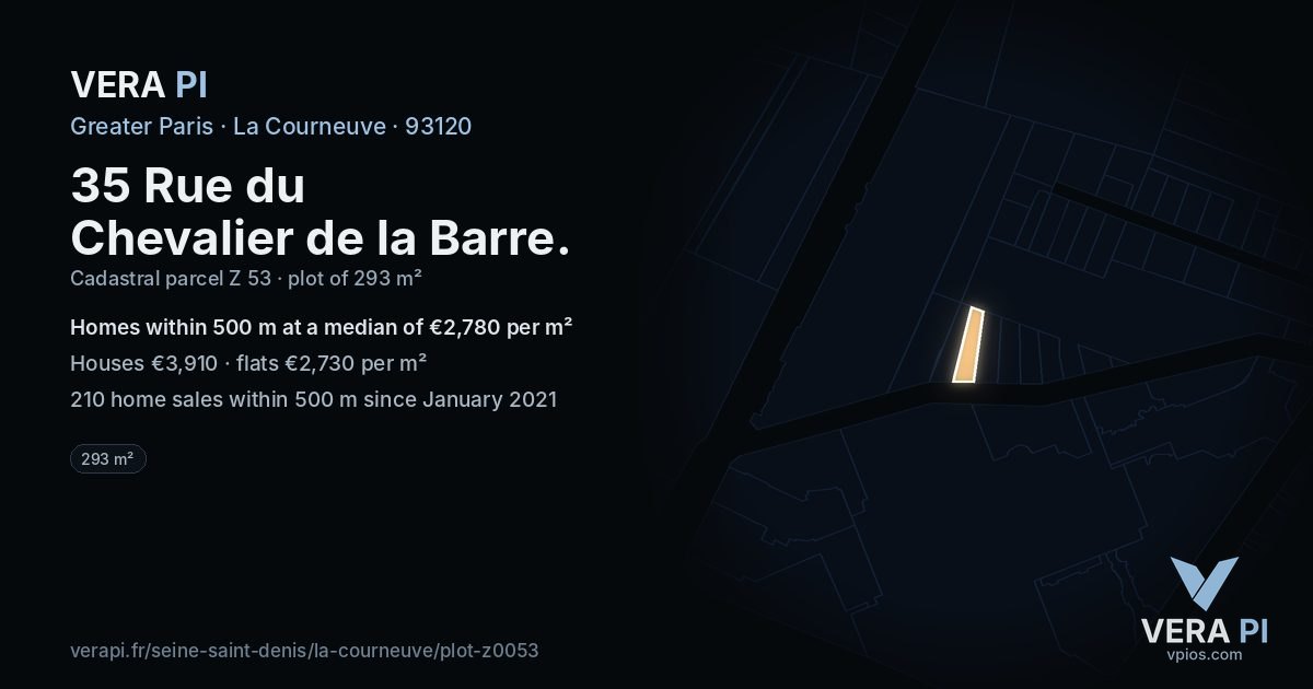 35 Rue du Chevalier de la Barre, La Courneuve at night – the plot lit, the parcels around coloured by the prices near them