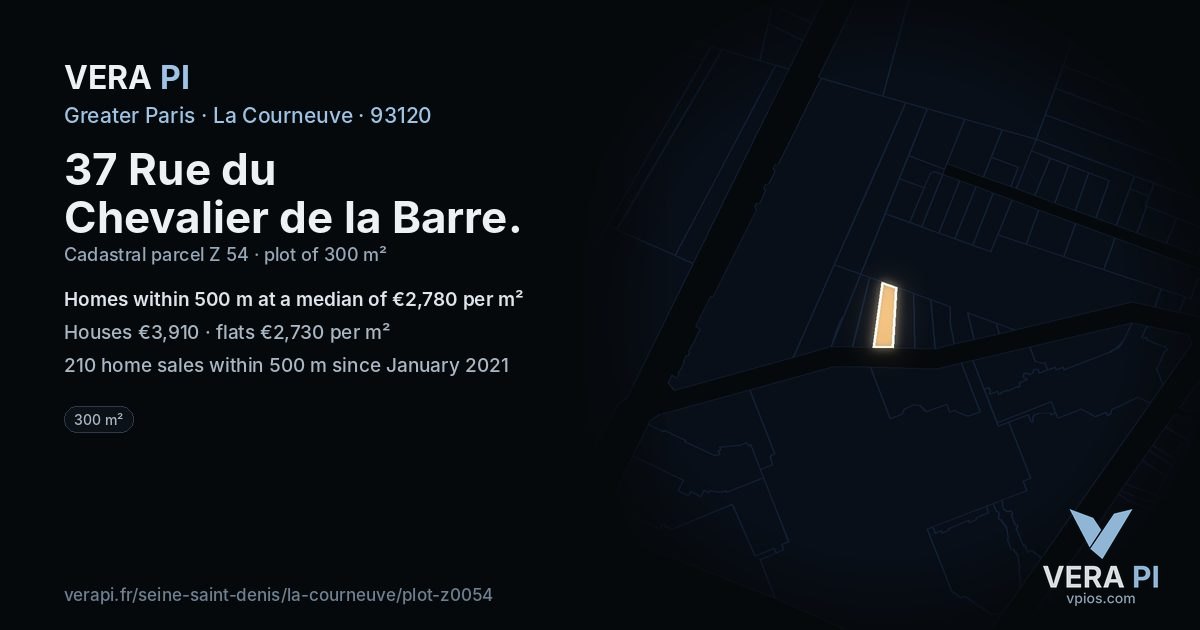 37 Rue du Chevalier de la Barre, La Courneuve at night – the plot lit, the parcels around coloured by the prices near them