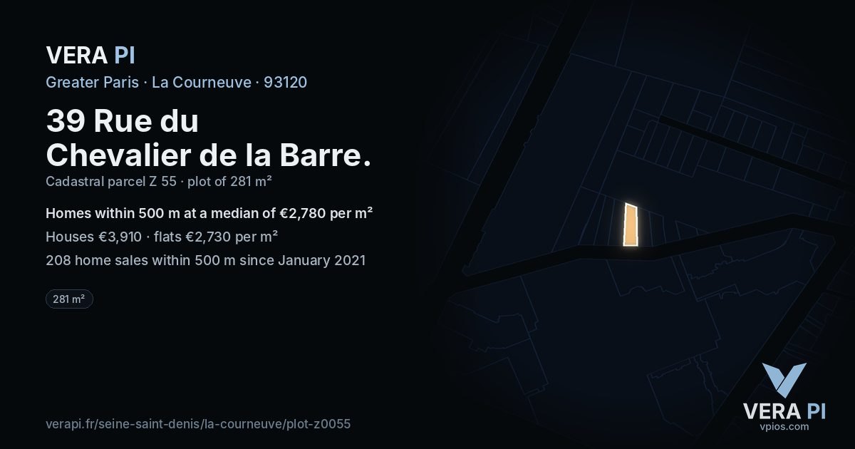 39 Rue du Chevalier de la Barre, La Courneuve at night – the plot lit, the parcels around coloured by the prices near them
