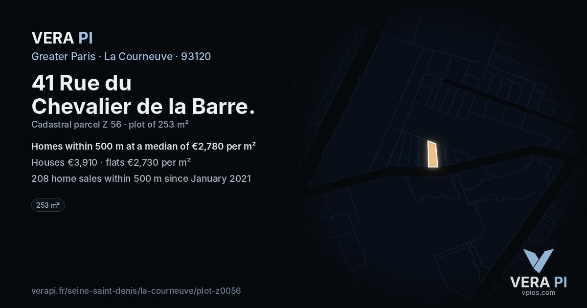 41 Rue du Chevalier de la Barre, La Courneuve at night – the plot lit, the parcels around coloured by the prices near them