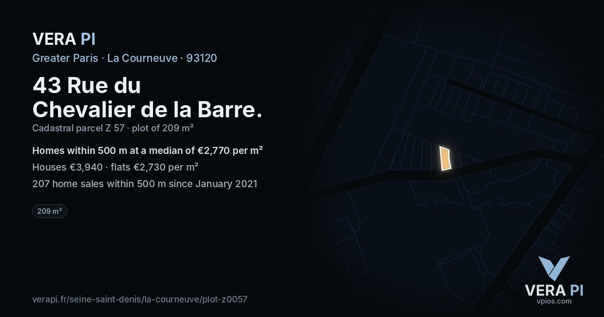 43 Rue du Chevalier de la Barre, La Courneuve at night – the plot lit, the parcels around coloured by the prices near them