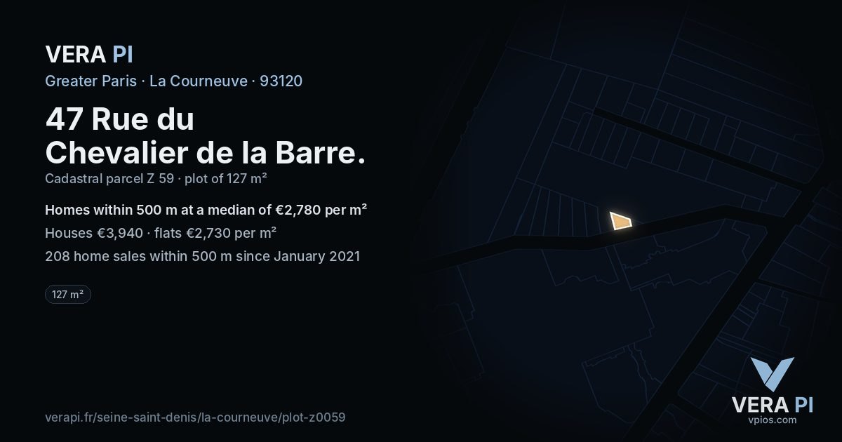 47 Rue du Chevalier de la Barre, La Courneuve at night – the plot lit, the parcels around coloured by the prices near them