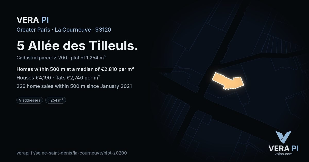 5 Allée des Tilleuls, La Courneuve at night – the plot lit, the parcels around coloured by the prices near them