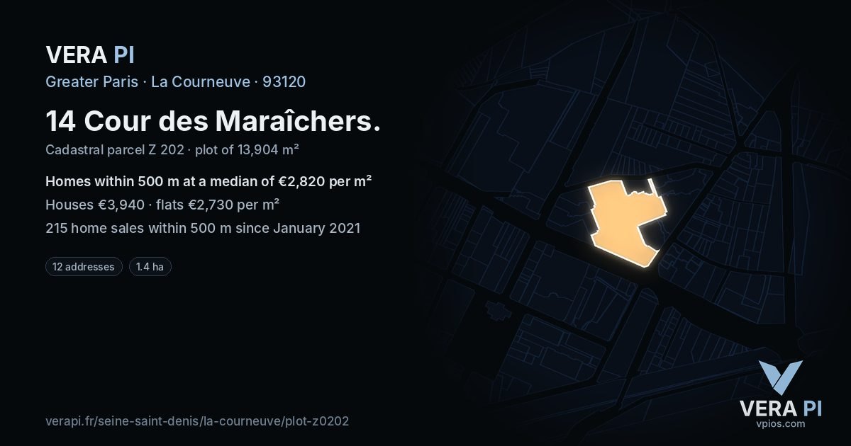 14 Cour des Maraîchers, La Courneuve at night – the plot lit, the parcels around coloured by the prices near them