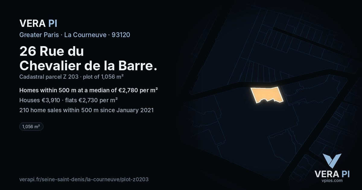 26 Rue du Chevalier de la Barre, La Courneuve at night – the plot lit, the parcels around coloured by the prices near them