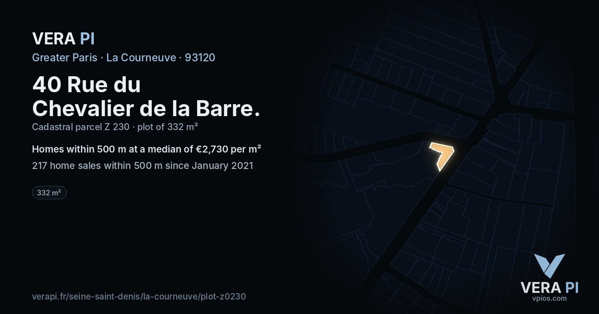 40 Rue du Chevalier de la Barre, La Courneuve at night – the plot lit, the parcels around coloured by the prices near them