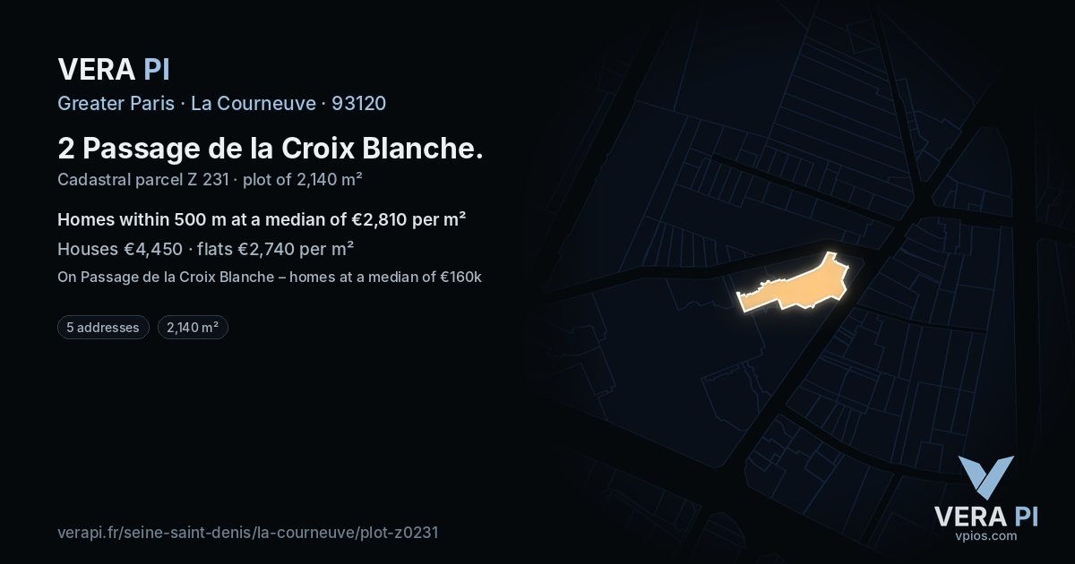 2 Passage de la Croix Blanche, La Courneuve at night – the plot lit, the parcels around coloured by the prices near them