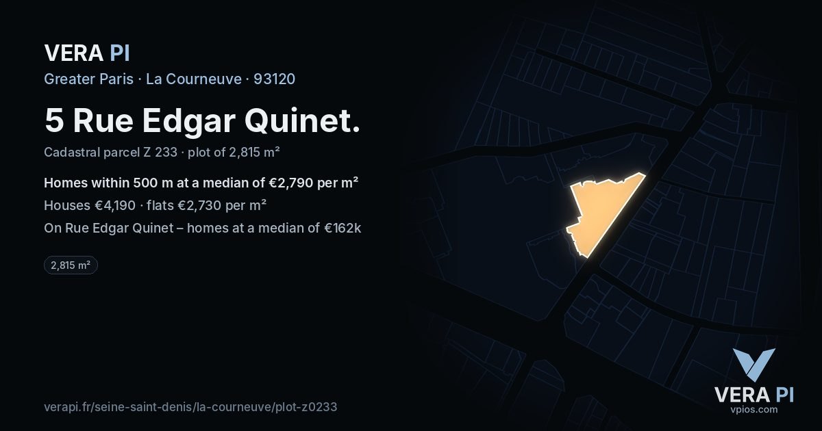 5 Rue Edgar Quinet, La Courneuve at night – the plot lit, the parcels around coloured by the prices near them