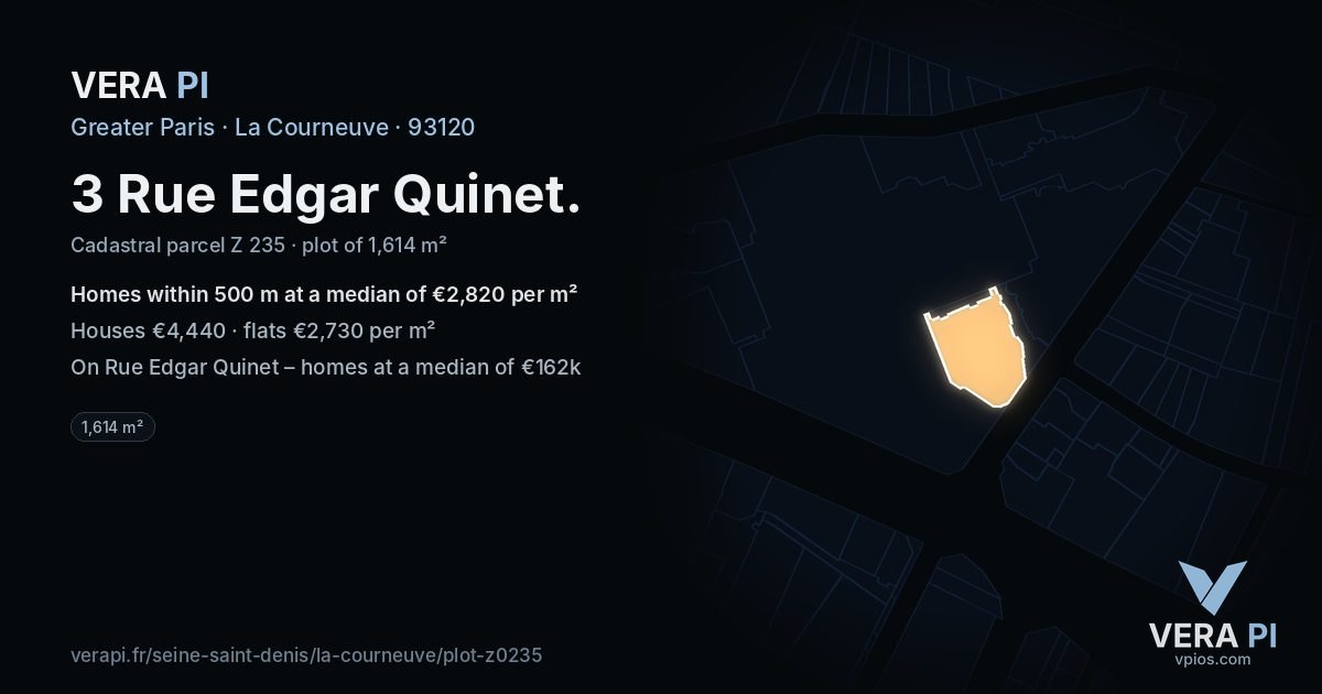 3 Rue Edgar Quinet, La Courneuve at night – the plot lit, the parcels around coloured by the prices near them