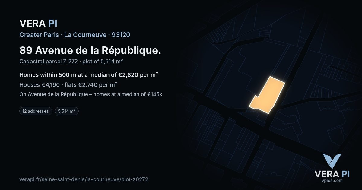 89 Avenue de la République, La Courneuve at night – the plot lit, the parcels around coloured by the prices near them