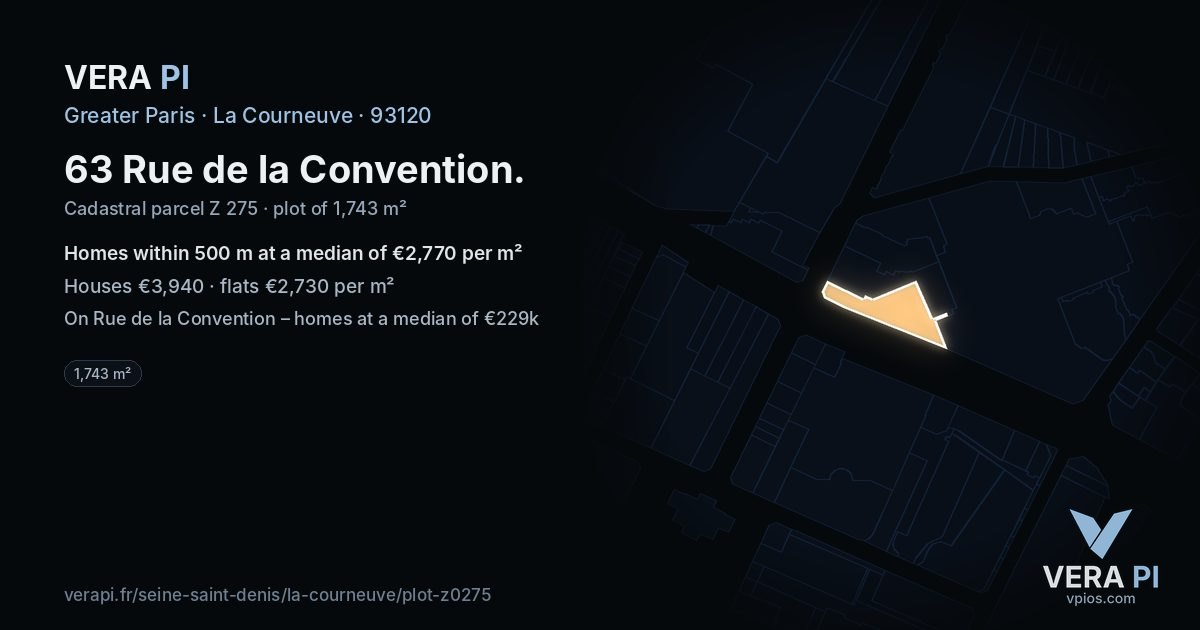 63 Rue de la Convention, La Courneuve at night – the plot lit, the parcels around coloured by the prices near them