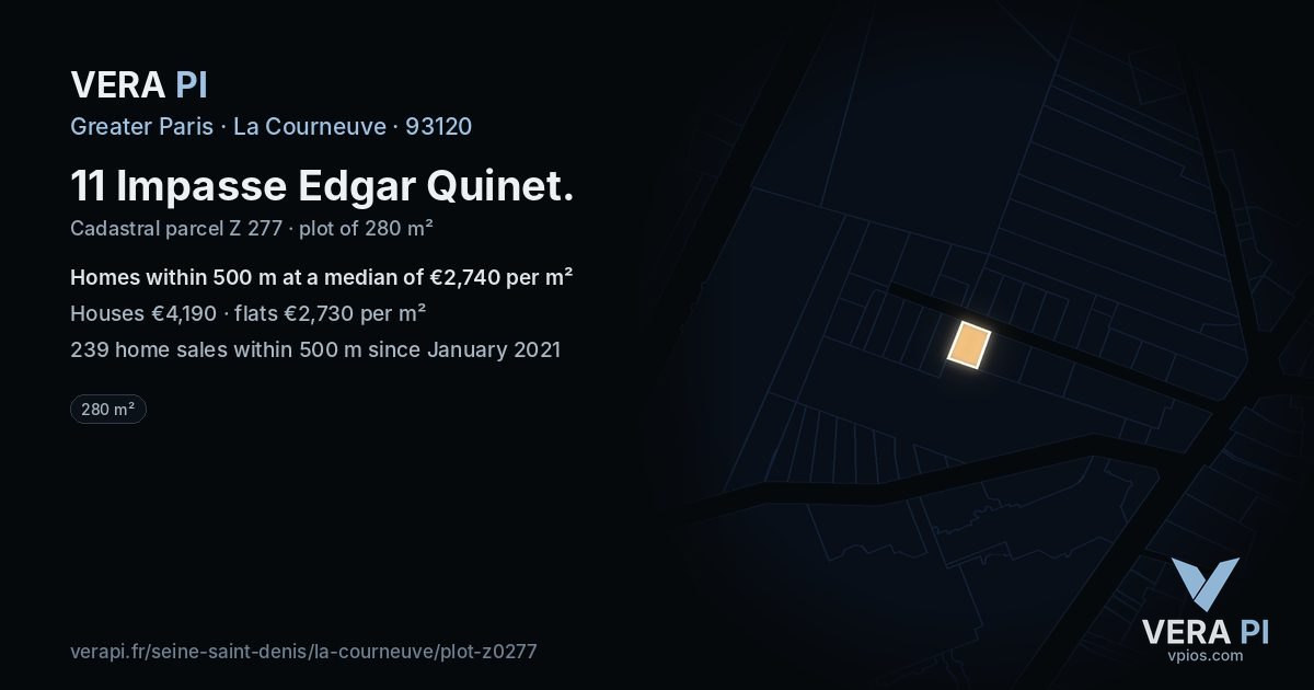 11 Impasse Edgar Quinet, La Courneuve at night – the plot lit, the parcels around coloured by the prices near them