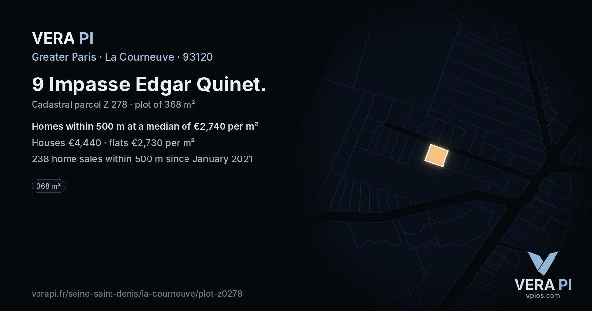 9 Impasse Edgar Quinet, La Courneuve at night – the plot lit, the parcels around coloured by the prices near them
