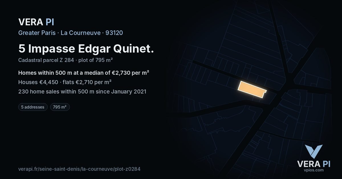 5 Impasse Edgar Quinet, La Courneuve at night – the plot lit, the parcels around coloured by the prices near them