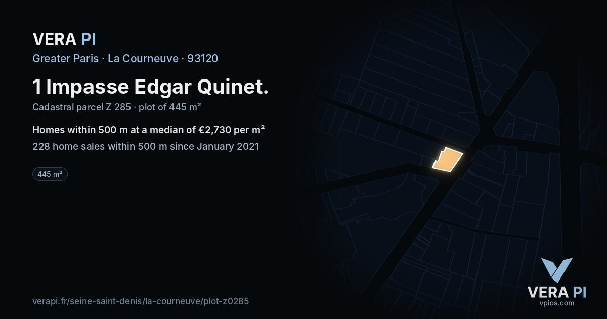 1 Impasse Edgar Quinet, La Courneuve at night – the plot lit, the parcels around coloured by the prices near them