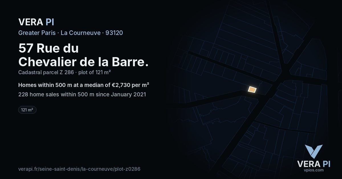 57 Rue du Chevalier de la Barre, La Courneuve at night – the plot lit, the parcels around coloured by the prices near them