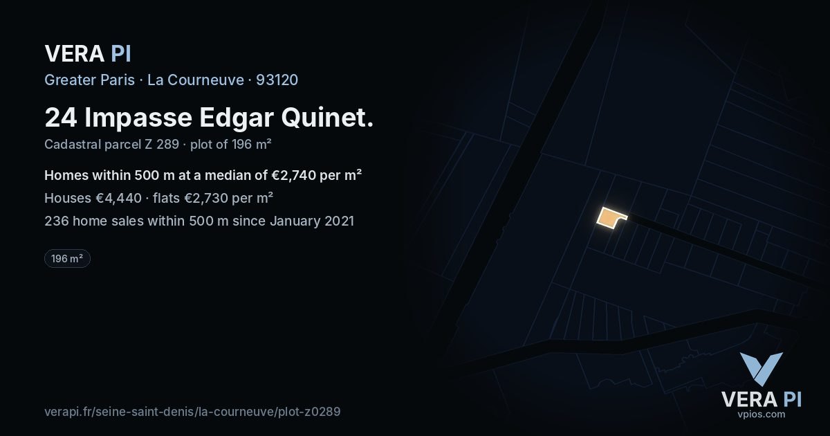 24 Impasse Edgar Quinet, La Courneuve at night – the plot lit, the parcels around coloured by the prices near them