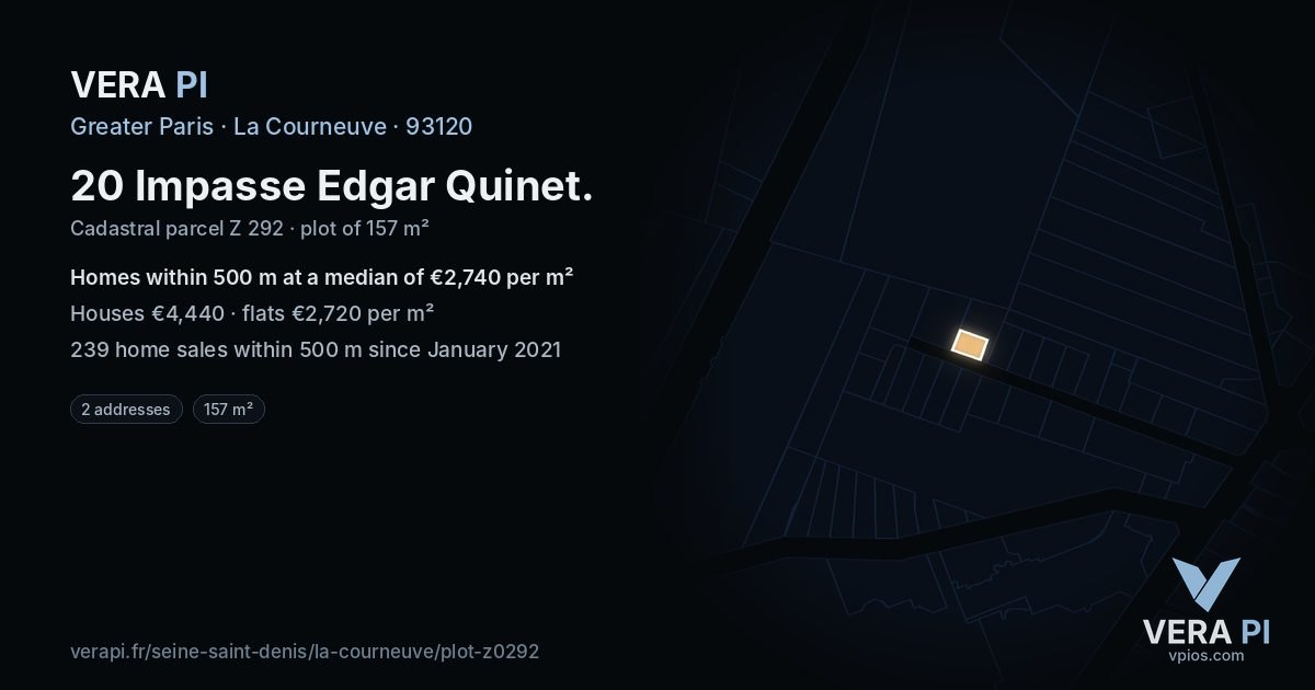 20 Impasse Edgar Quinet, La Courneuve at night – the plot lit, the parcels around coloured by the prices near them