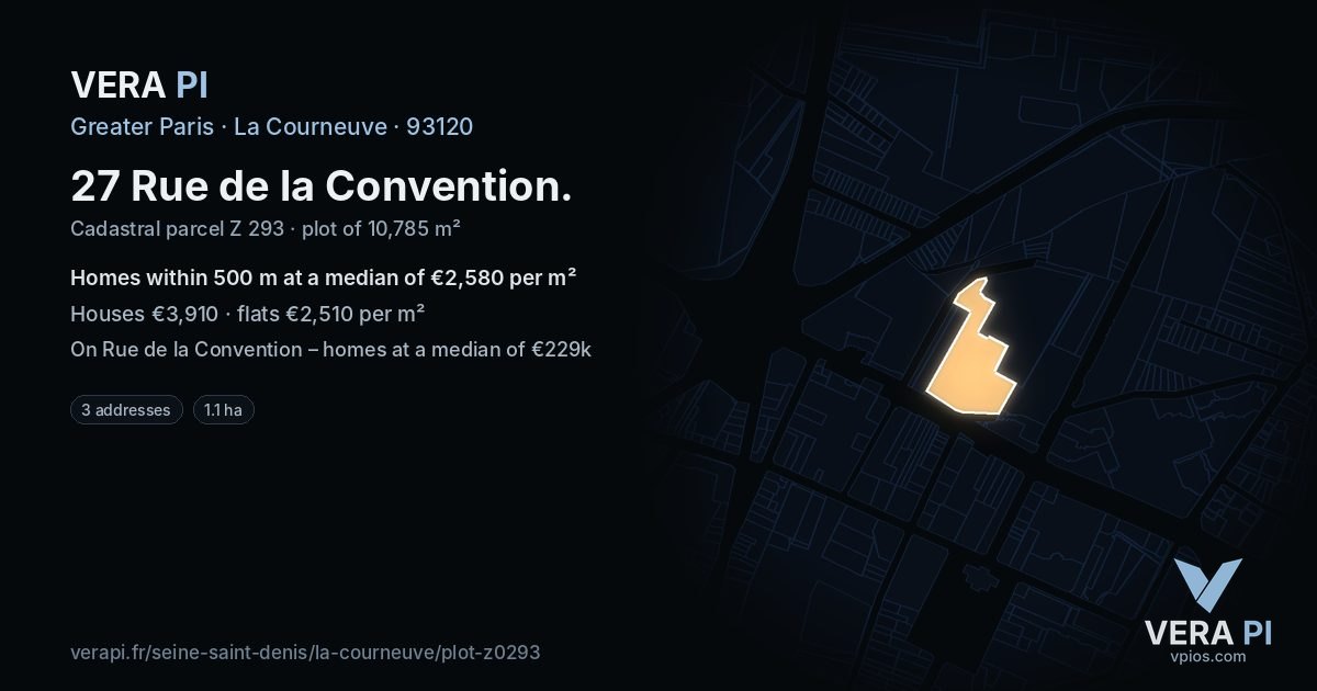 27 Rue de la Convention, La Courneuve at night – the plot lit, the parcels around coloured by the prices near them