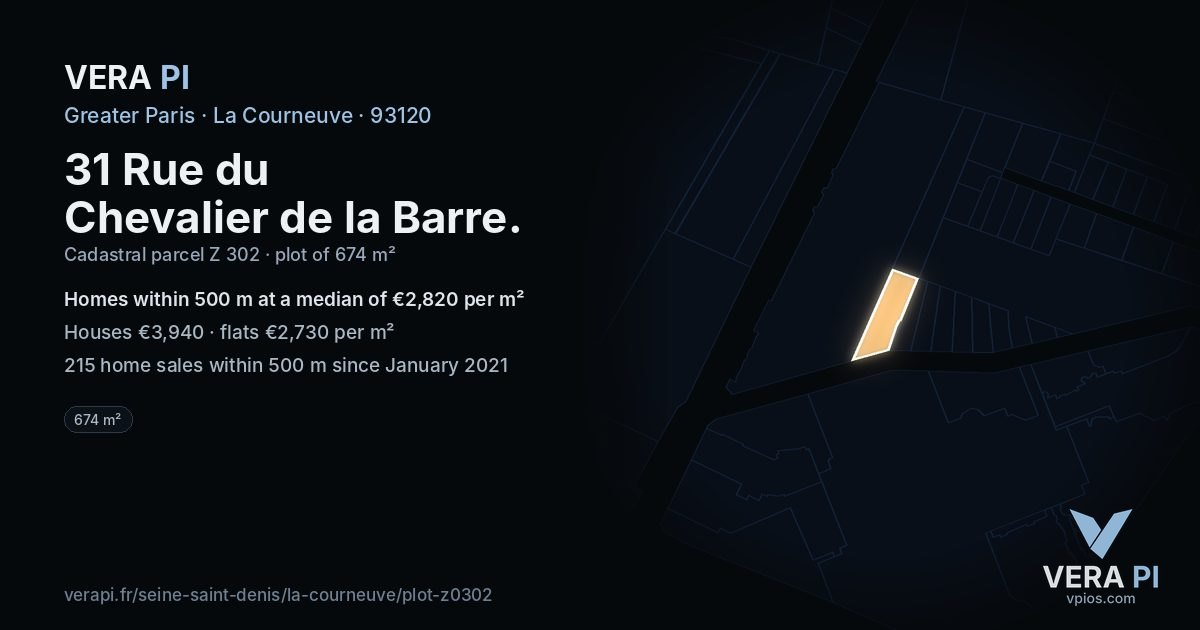 31 Rue du Chevalier de la Barre, La Courneuve at night – the plot lit, the parcels around coloured by the prices near them
