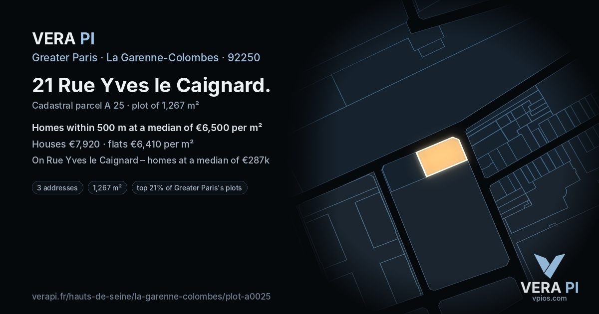 21 Rue Yves le Caignard, La Garenne-Colombes at night – the plot lit, the parcels around coloured by the prices near them