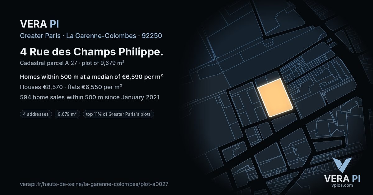 4 Rue des Champs Philippe, La Garenne-Colombes at night – the plot lit, the parcels around coloured by the prices near them