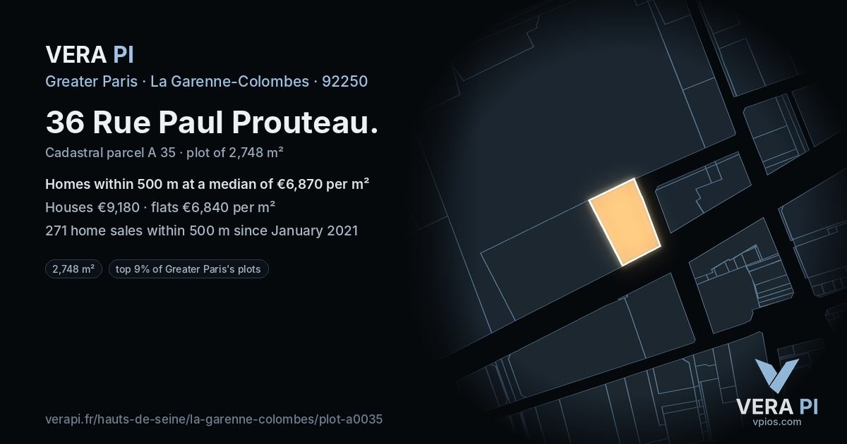 36 Rue Paul Prouteau, La Garenne-Colombes at night – the plot lit, the parcels around coloured by the prices near them
