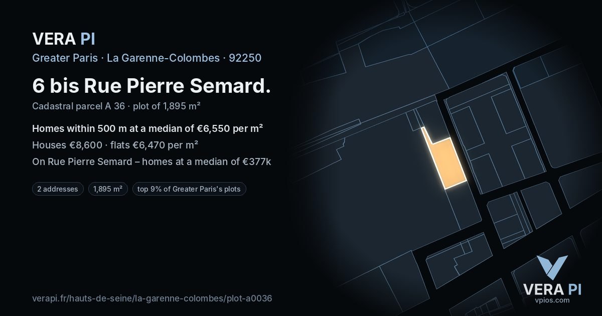 6 bis Rue Pierre Semard, La Garenne-Colombes at night – the plot lit, the parcels around coloured by the prices near them