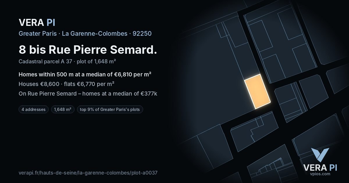 8 bis Rue Pierre Semard, La Garenne-Colombes at night – the plot lit, the parcels around coloured by the prices near them