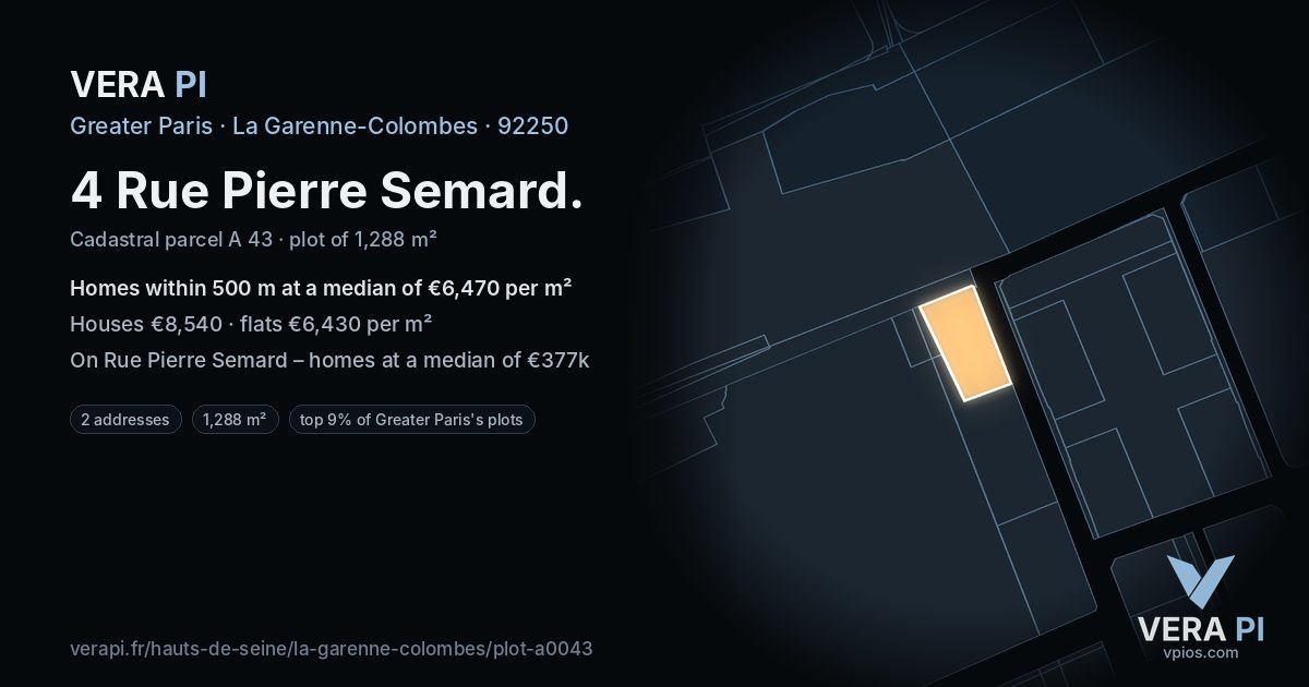4 Rue Pierre Semard, La Garenne-Colombes at night – the plot lit, the parcels around coloured by the prices near them