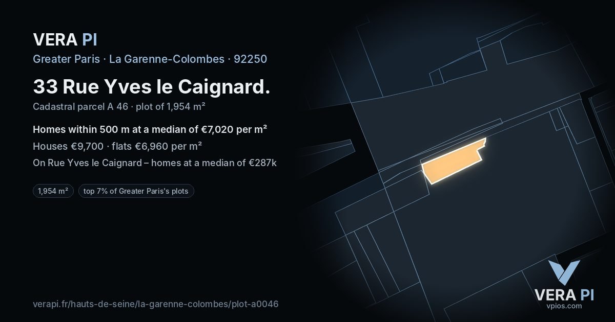 33 Rue Yves le Caignard, La Garenne-Colombes at night – the plot lit, the parcels around coloured by the prices near them
