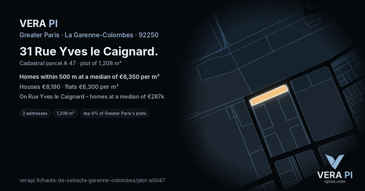 31 Rue Yves le Caignard, La Garenne-Colombes at night – the plot lit, the parcels around coloured by the prices near them