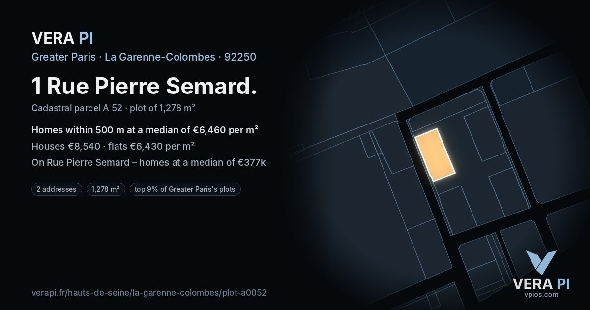1 Rue Pierre Semard, La Garenne-Colombes at night – the plot lit, the parcels around coloured by the prices near them