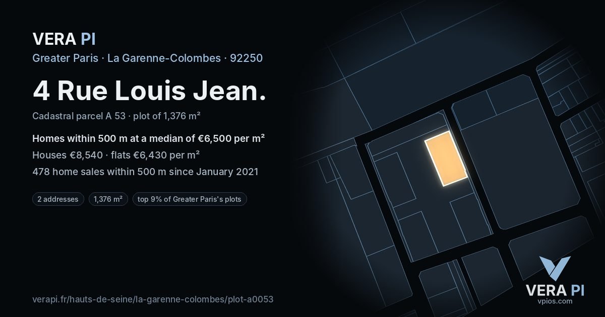 4 Rue Louis Jean, La Garenne-Colombes at night – the plot lit, the parcels around coloured by the prices near them