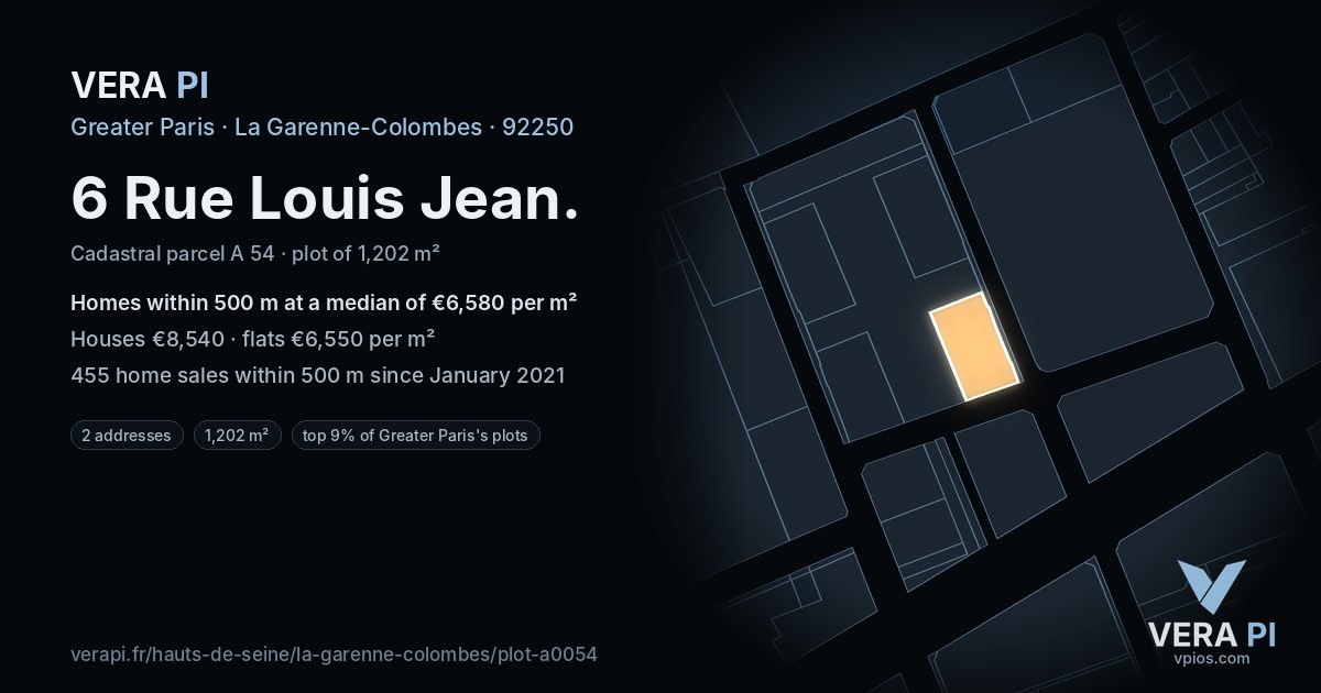 6 Rue Louis Jean, La Garenne-Colombes at night – the plot lit, the parcels around coloured by the prices near them
