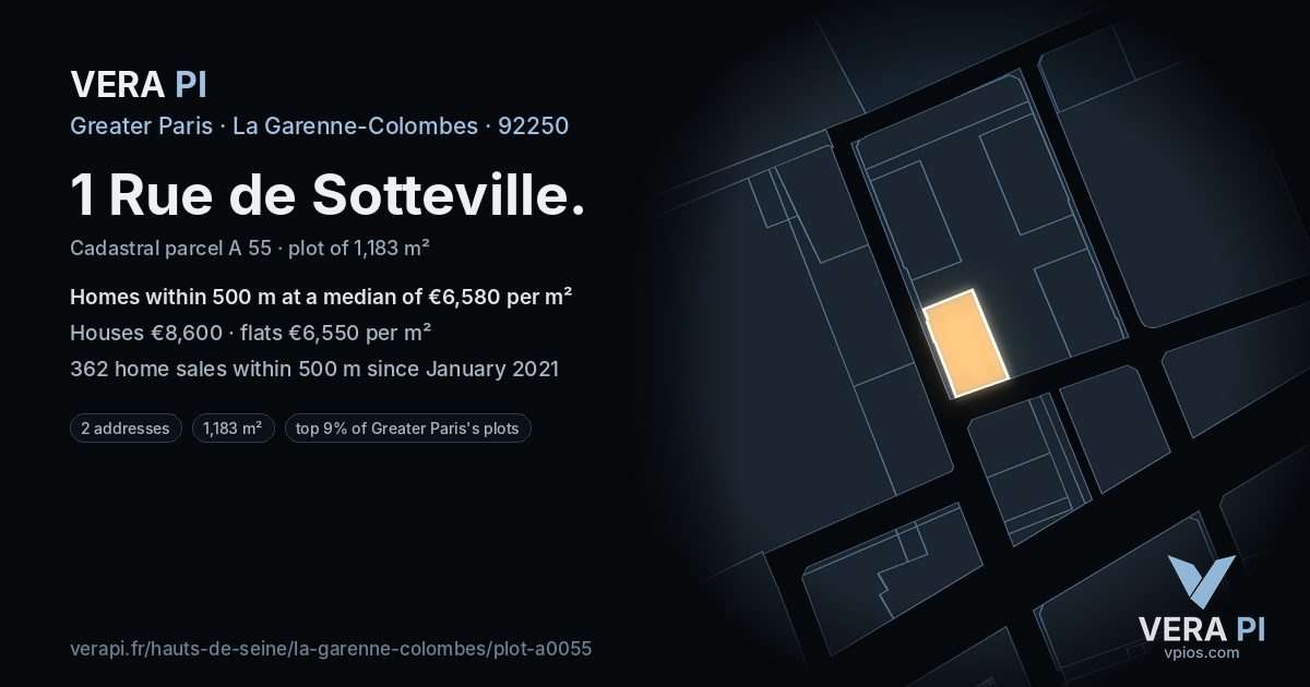 1 Rue de Sotteville, La Garenne-Colombes at night – the plot lit, the parcels around coloured by the prices near them