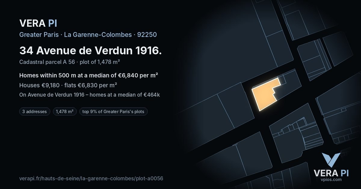 34 Avenue de Verdun 1916, La Garenne-Colombes at night – the plot lit, the parcels around coloured by the prices near them