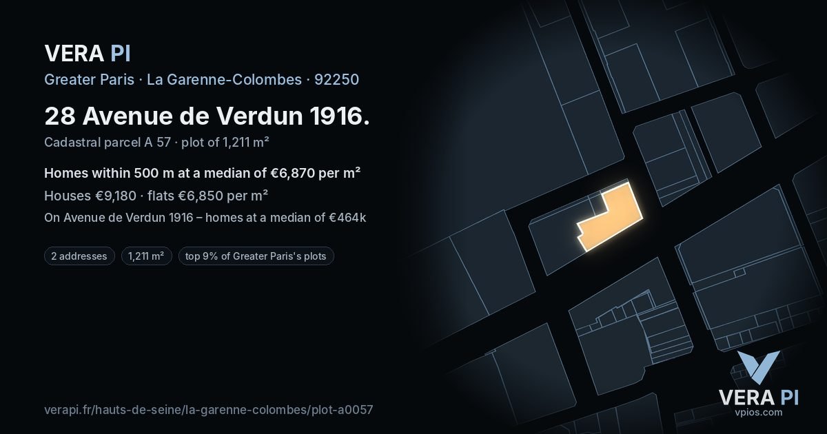 28 Avenue de Verdun 1916, La Garenne-Colombes at night – the plot lit, the parcels around coloured by the prices near them