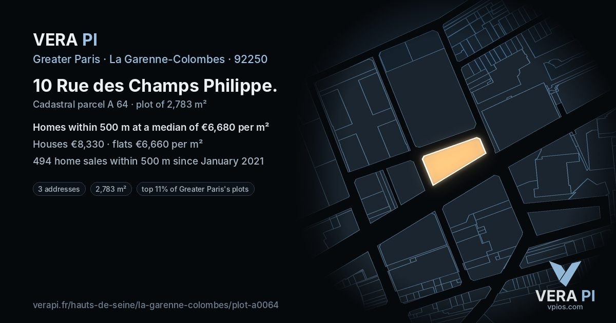 10 Rue des Champs Philippe, La Garenne-Colombes at night – the plot lit, the parcels around coloured by the prices near them
