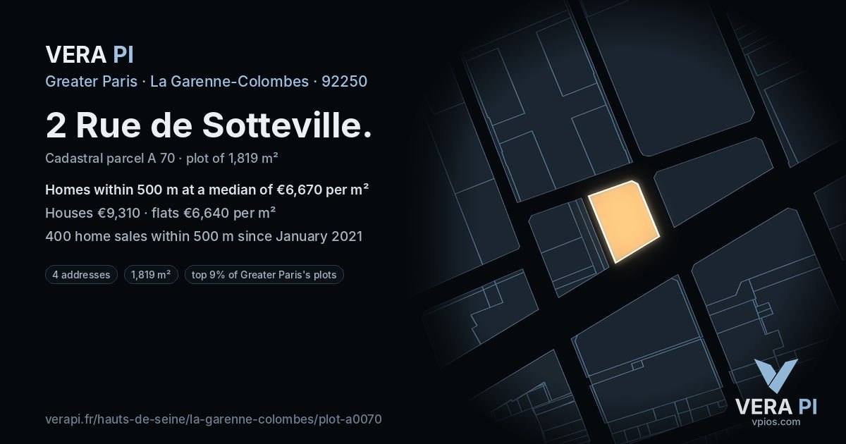 2 Rue de Sotteville, La Garenne-Colombes at night – the plot lit, the parcels around coloured by the prices near them