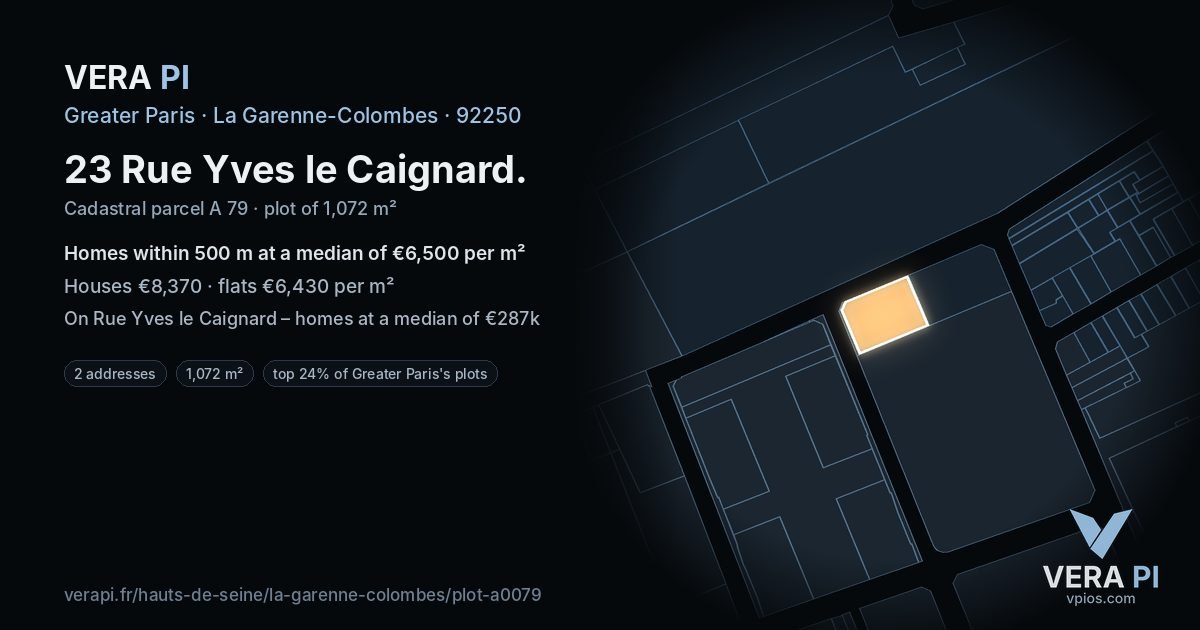 23 Rue Yves le Caignard, La Garenne-Colombes at night – the plot lit, the parcels around coloured by the prices near them