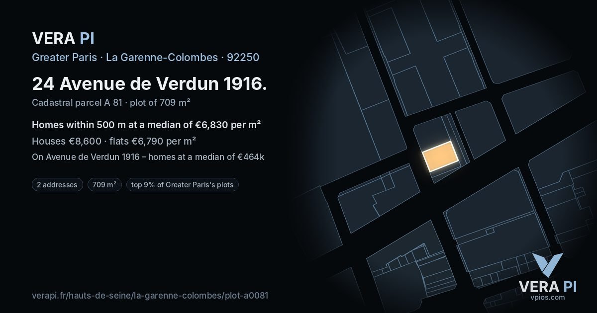 24 Avenue de Verdun 1916, La Garenne-Colombes at night – the plot lit, the parcels around coloured by the prices near them