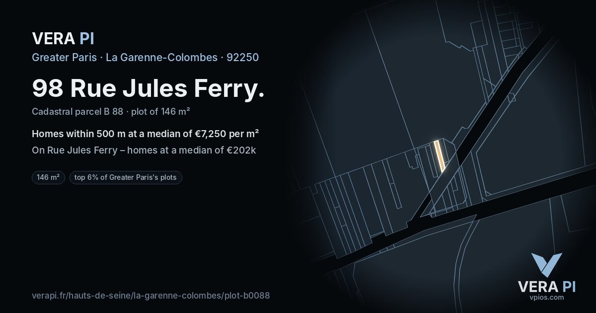 98 Rue Jules Ferry, La Garenne-Colombes at night – the plot lit, the parcels around coloured by the prices near them