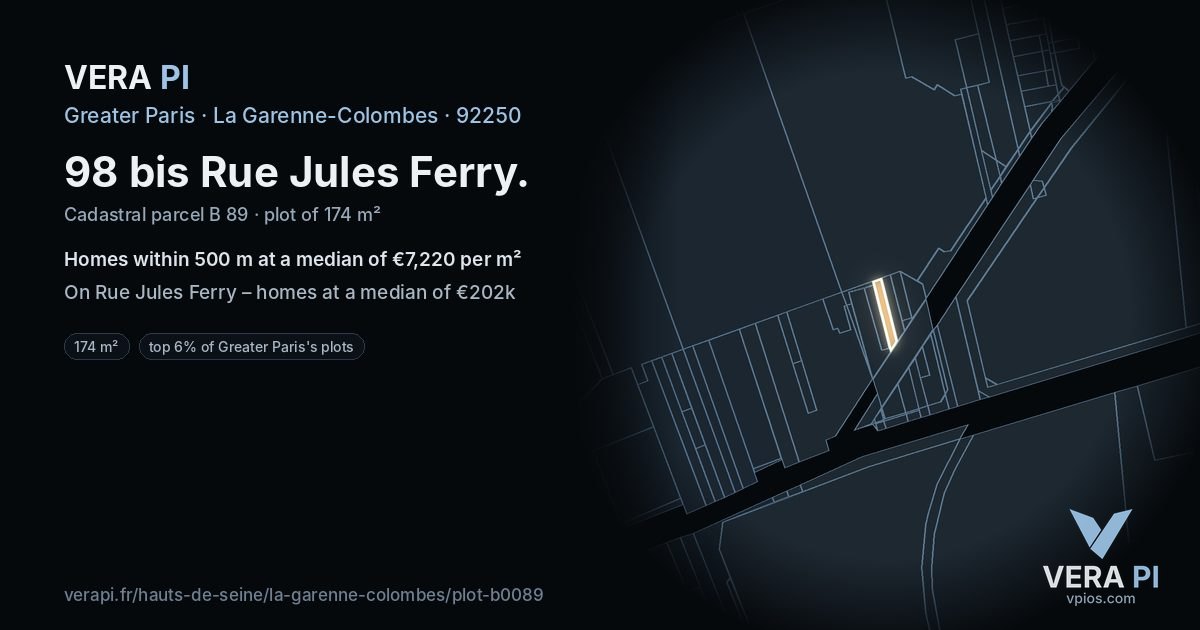 98 bis Rue Jules Ferry, La Garenne-Colombes at night – the plot lit, the parcels around coloured by the prices near them