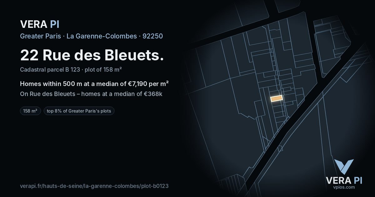 22 Rue des Bleuets, La Garenne-Colombes at night – the plot lit, the parcels around coloured by the prices near them