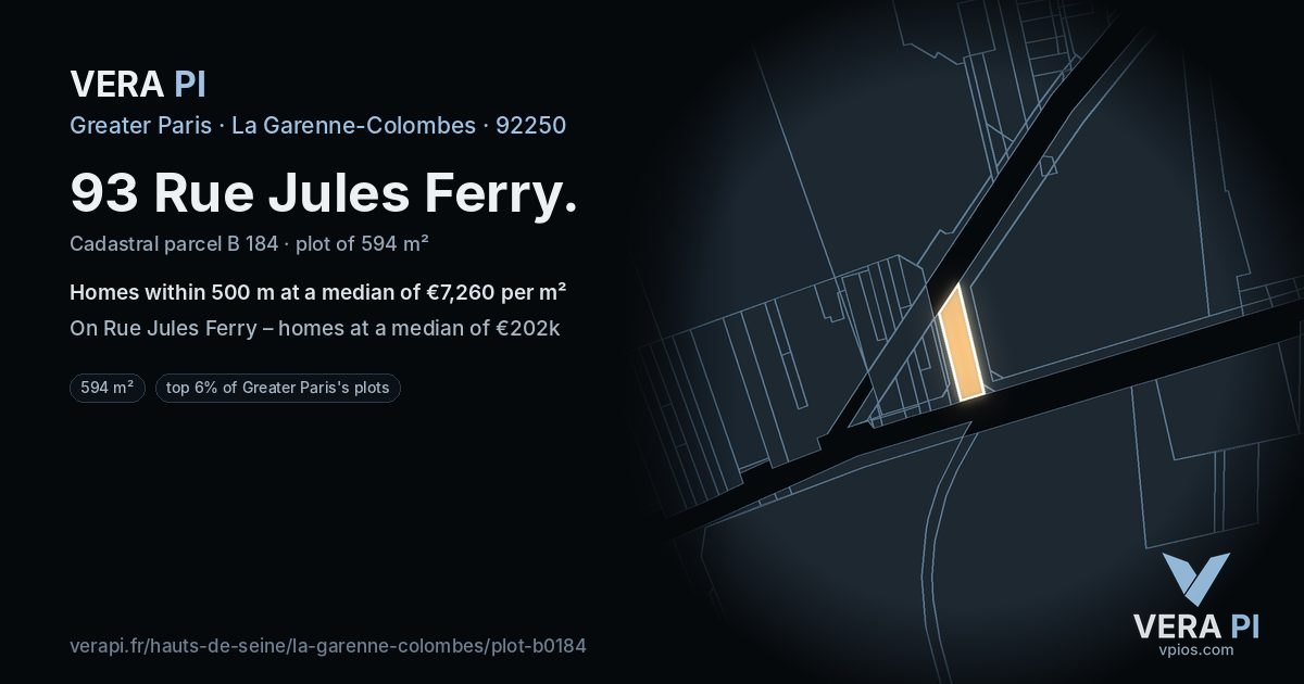 93 Rue Jules Ferry, La Garenne-Colombes at night – the plot lit, the parcels around coloured by the prices near them