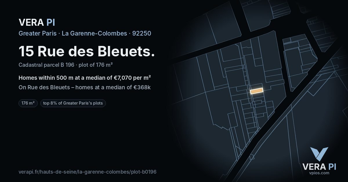 15 Rue des Bleuets, La Garenne-Colombes at night – the plot lit, the parcels around coloured by the prices near them
