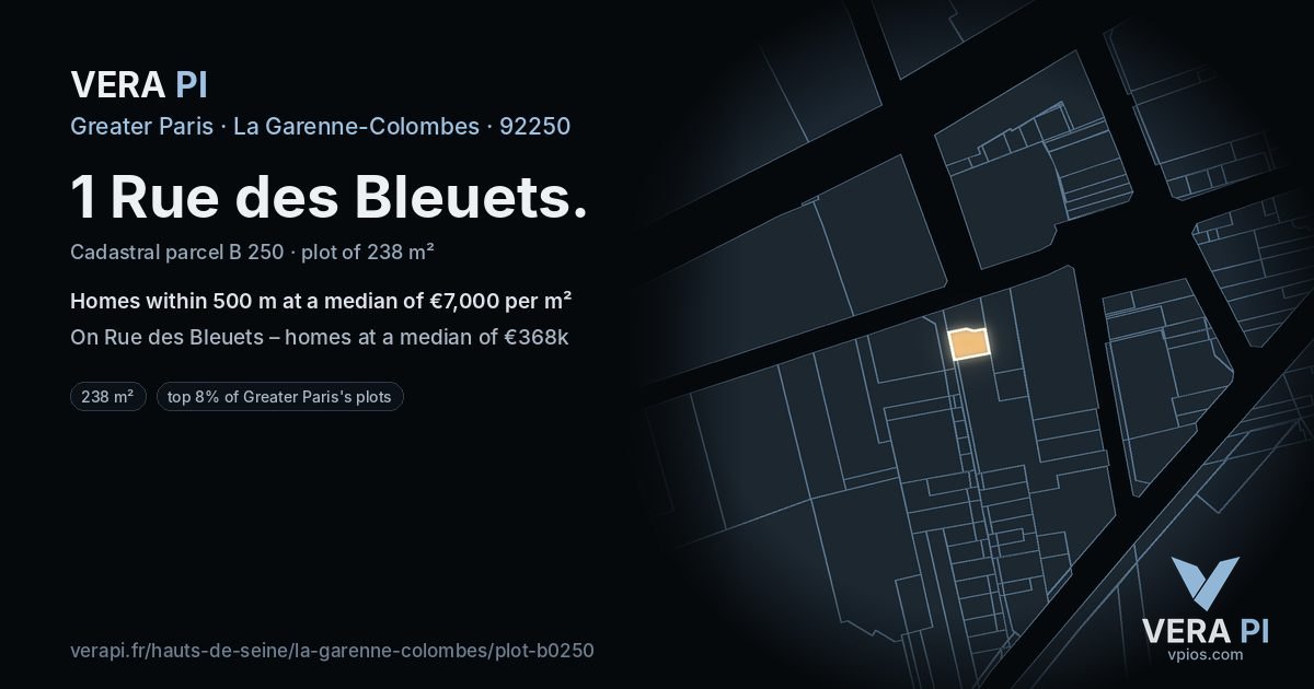 1 Rue des Bleuets, La Garenne-Colombes at night – the plot lit, the parcels around coloured by the prices near them